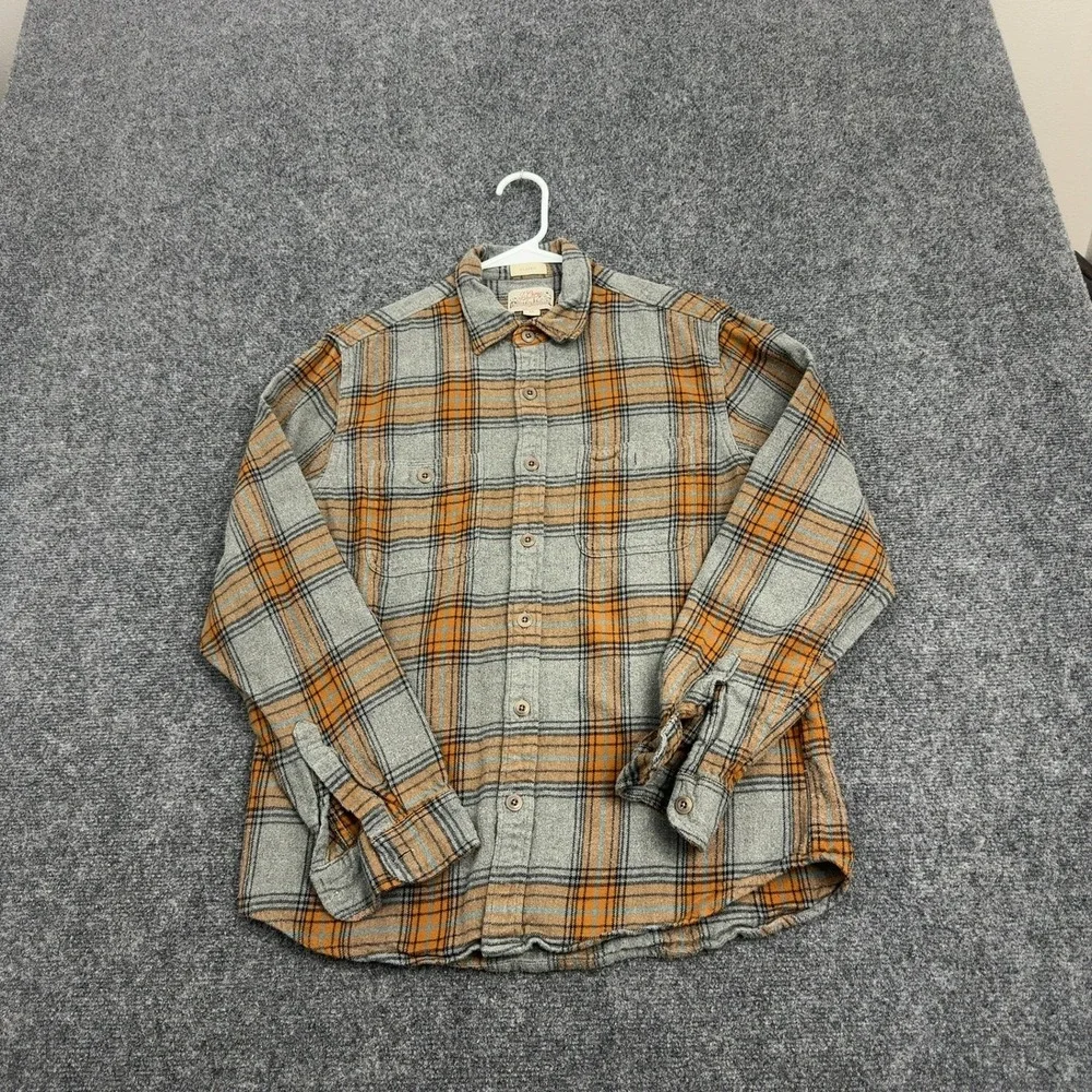 J Crew Shirt Mens M Orange Grey Cotton Plaid Mid-Weight Flannel Classic Casual
